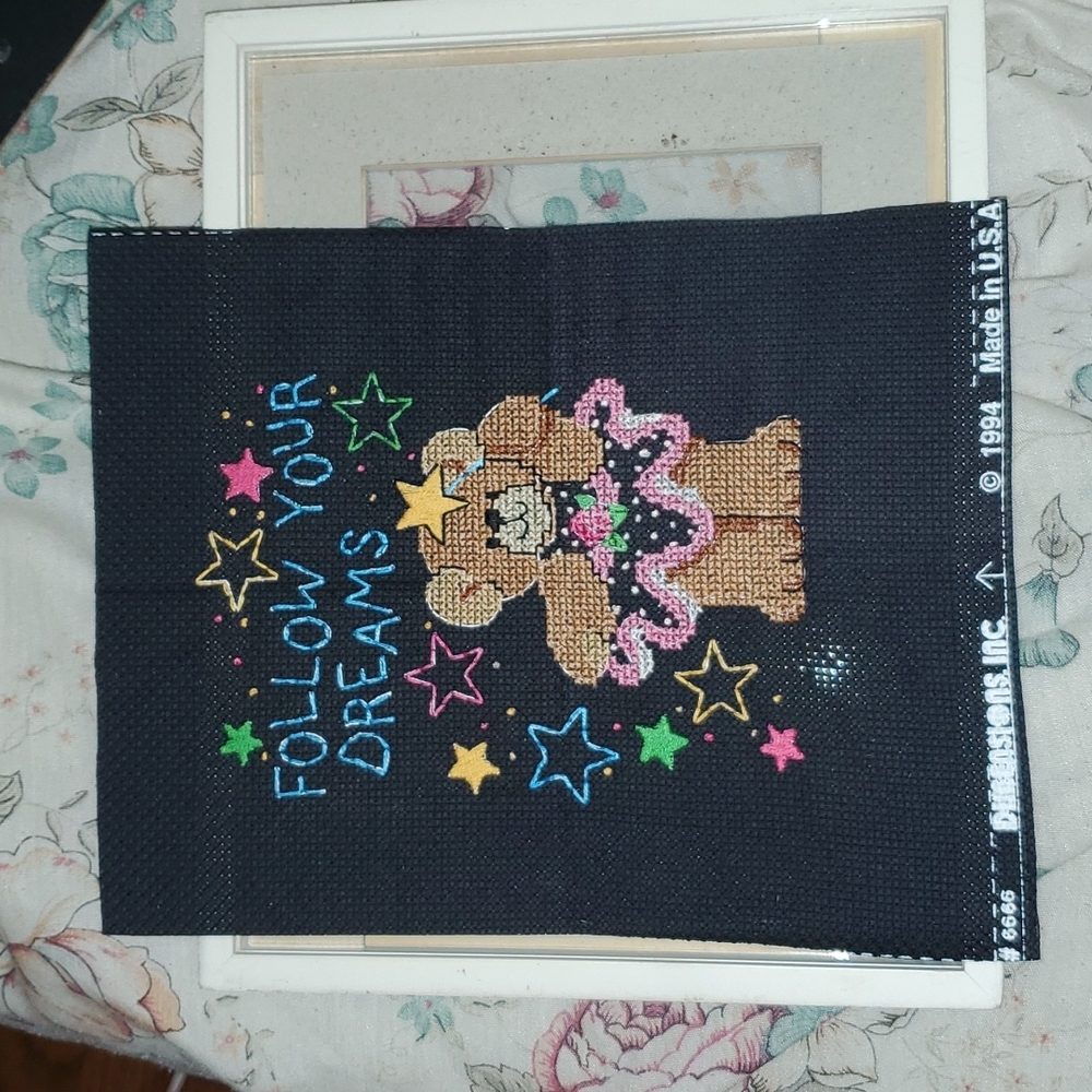 *SOLD* 💸 5 for $20 | "Follow Your Dreams" Teddy Bear Cross Stitch Framed Decor - Picture 7 of 7